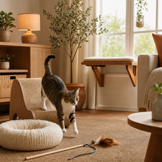 Gatto domestico che segue una routine quotidiana di arricchimento con gioco, trespolo e tiragraffi