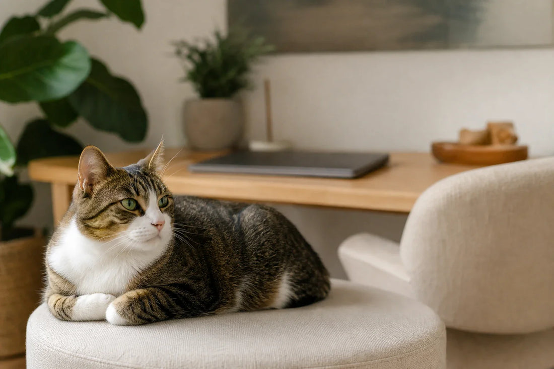 Relaxed indoor cat resting on a stable low perch near a quiet home workspace during a calm day.