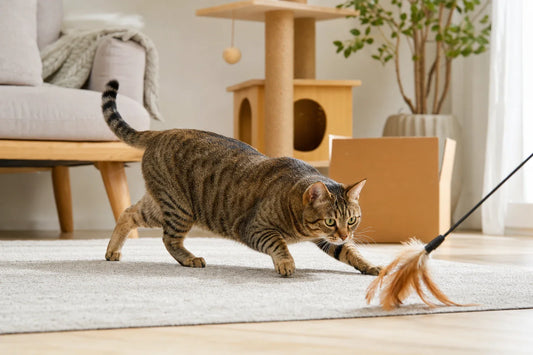 Indoor cat tracking a wand toy during a calm home play session