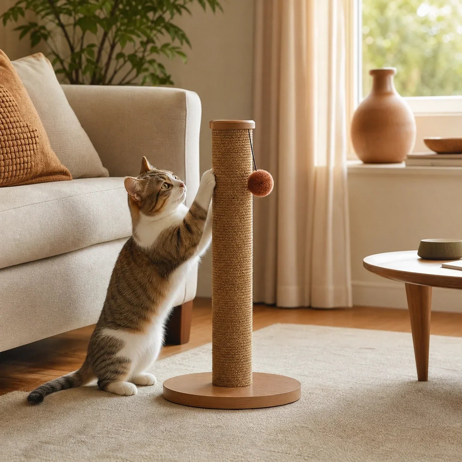 Cat scratcher placed beside a sofa to redirect furniture scratching