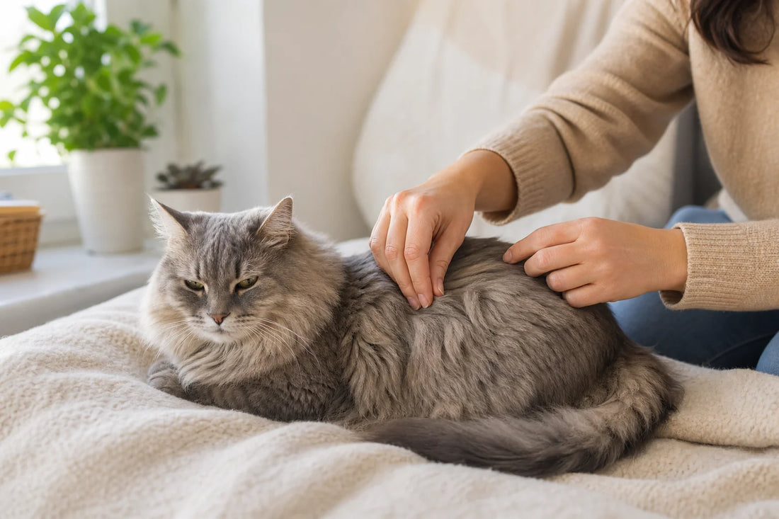 Langhaarige graue Katze ruht ruhig auf einer cremefarbenen Decke, während eine Betreuungsperson das Deckhaar kontrolliert, ohne daran zu ziehen