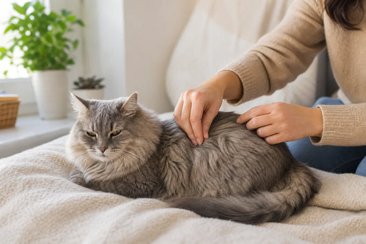 Langhaarige graue Katze ruht ruhig auf einer cremefarbenen Decke, während eine Betreuungsperson das Deckhaar kontrolliert, ohne daran zu ziehen