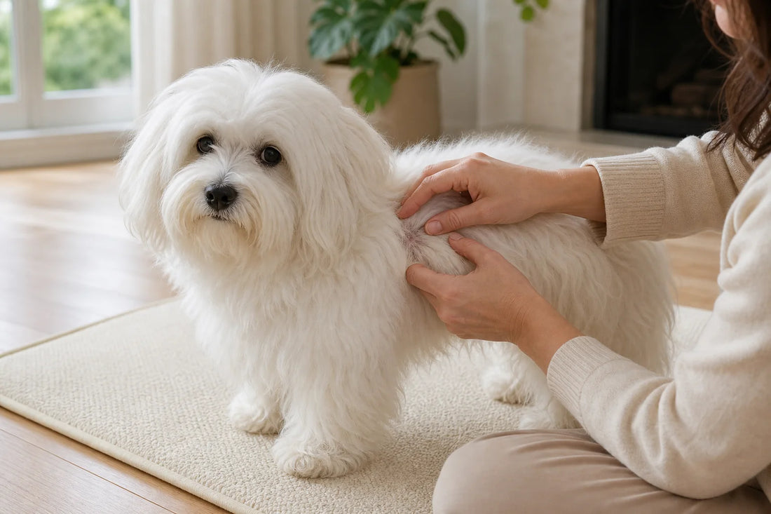 滑りにくいマットの上で、飼い主が白いコトン・ド・テュレアールの被毛を優しくかき分けている