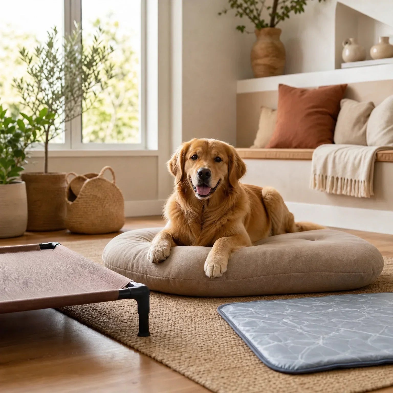 Dog resting beside different cooling bed options in a warm home