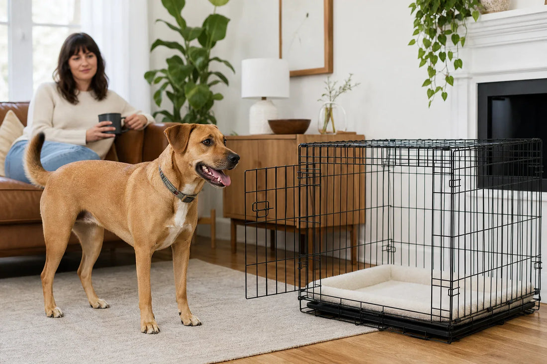 Relaxed caramel-colored dog beside an open roomy wire crate in a bright living room