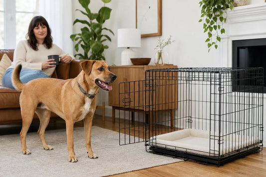 Relaxed caramel-colored dog beside an open roomy wire crate in a bright living room