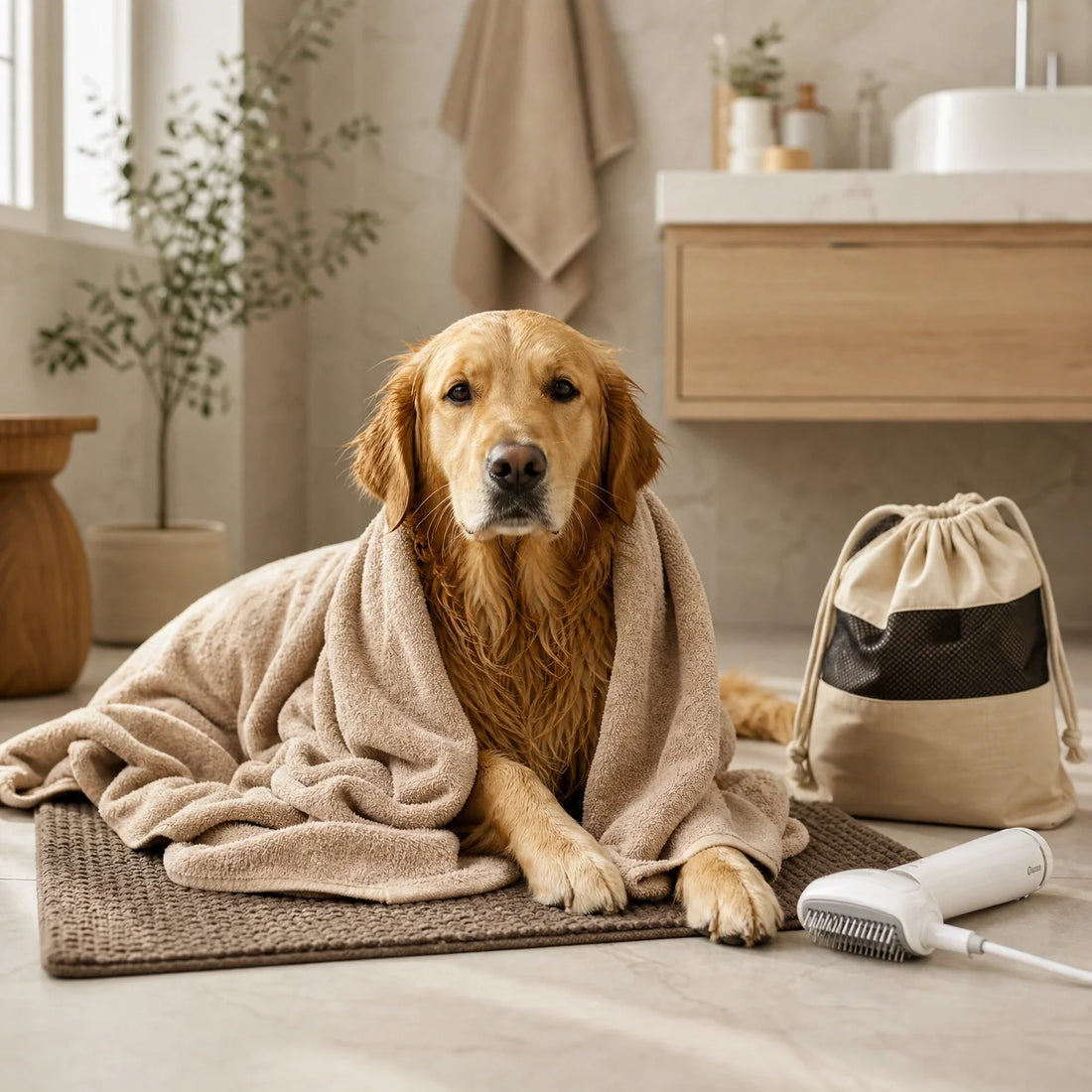 Dryer-sensitive dog wrapped in a towel after bath with gentle drying tools nearby