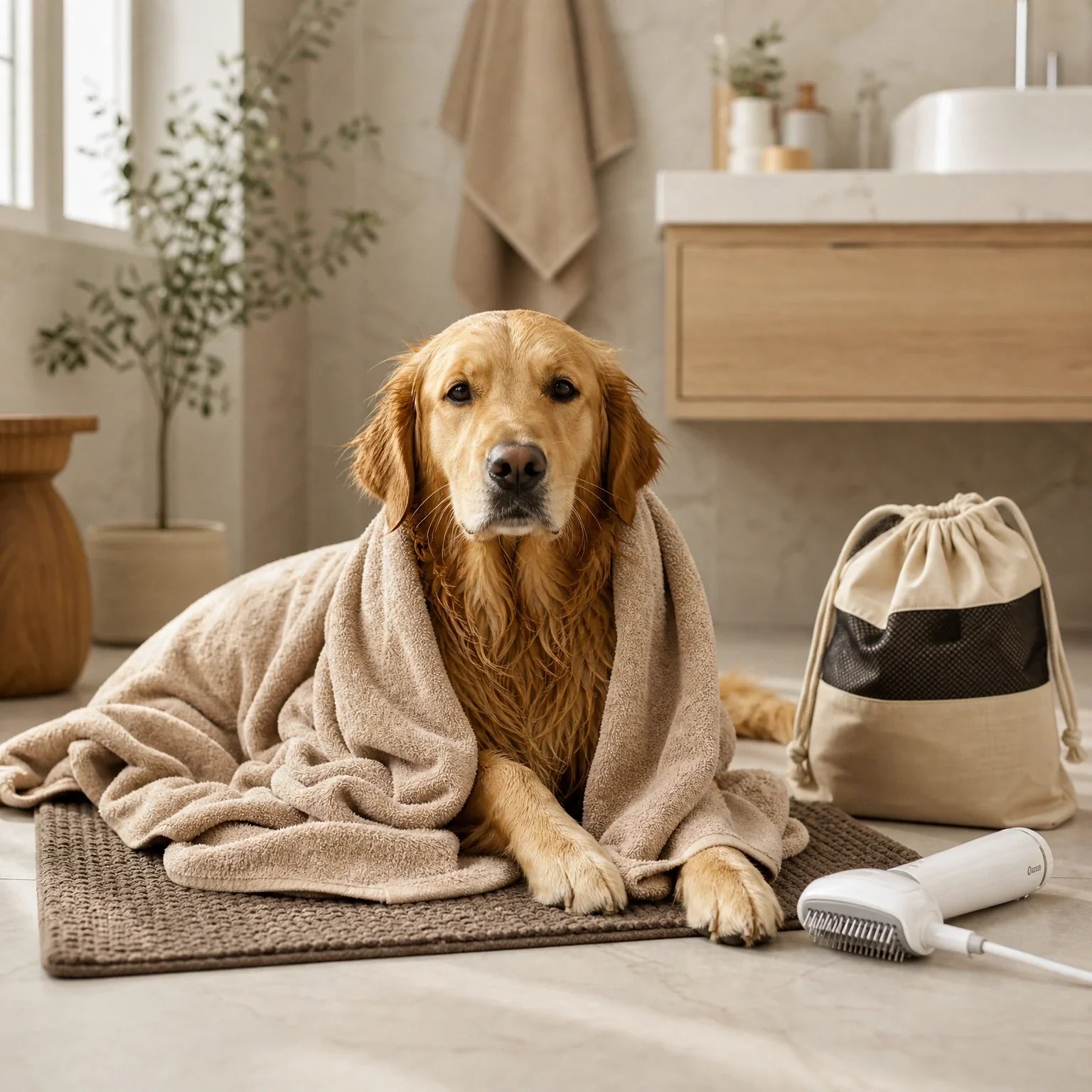 Dryer-sensitive dog wrapped in a towel after bath with gentle drying tools nearby