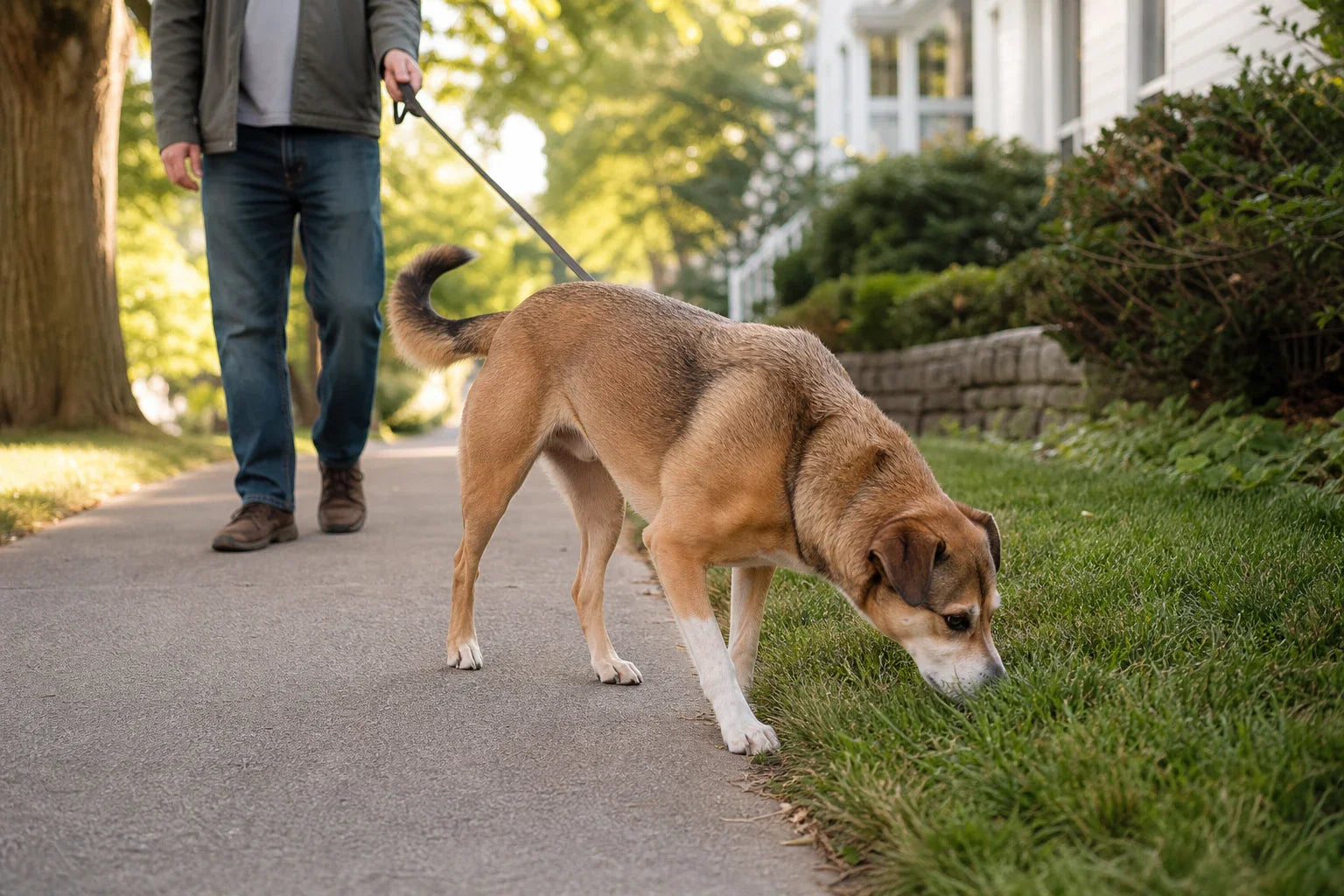 Adult dog taking a calm morning sniff walk beside a leafy neighborhood path