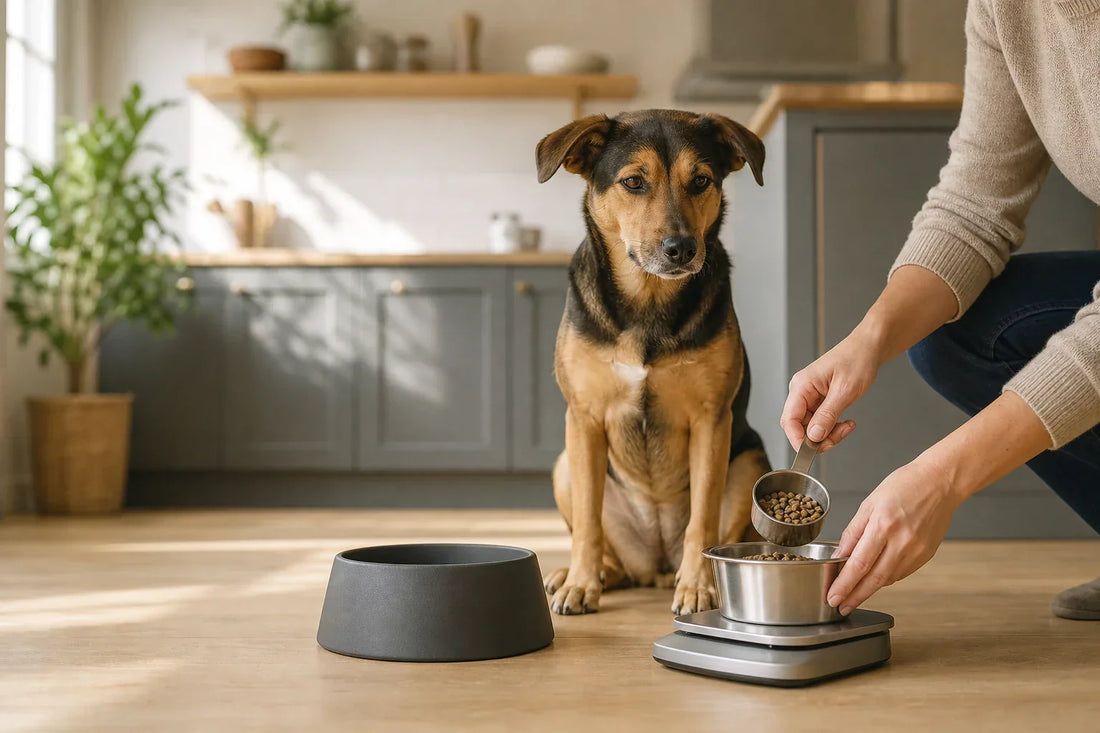 Dog waiting calmly while a caregiver measures kibble on a kitchen scale