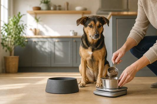 Dog waiting calmly while a caregiver measures kibble on a kitchen scale