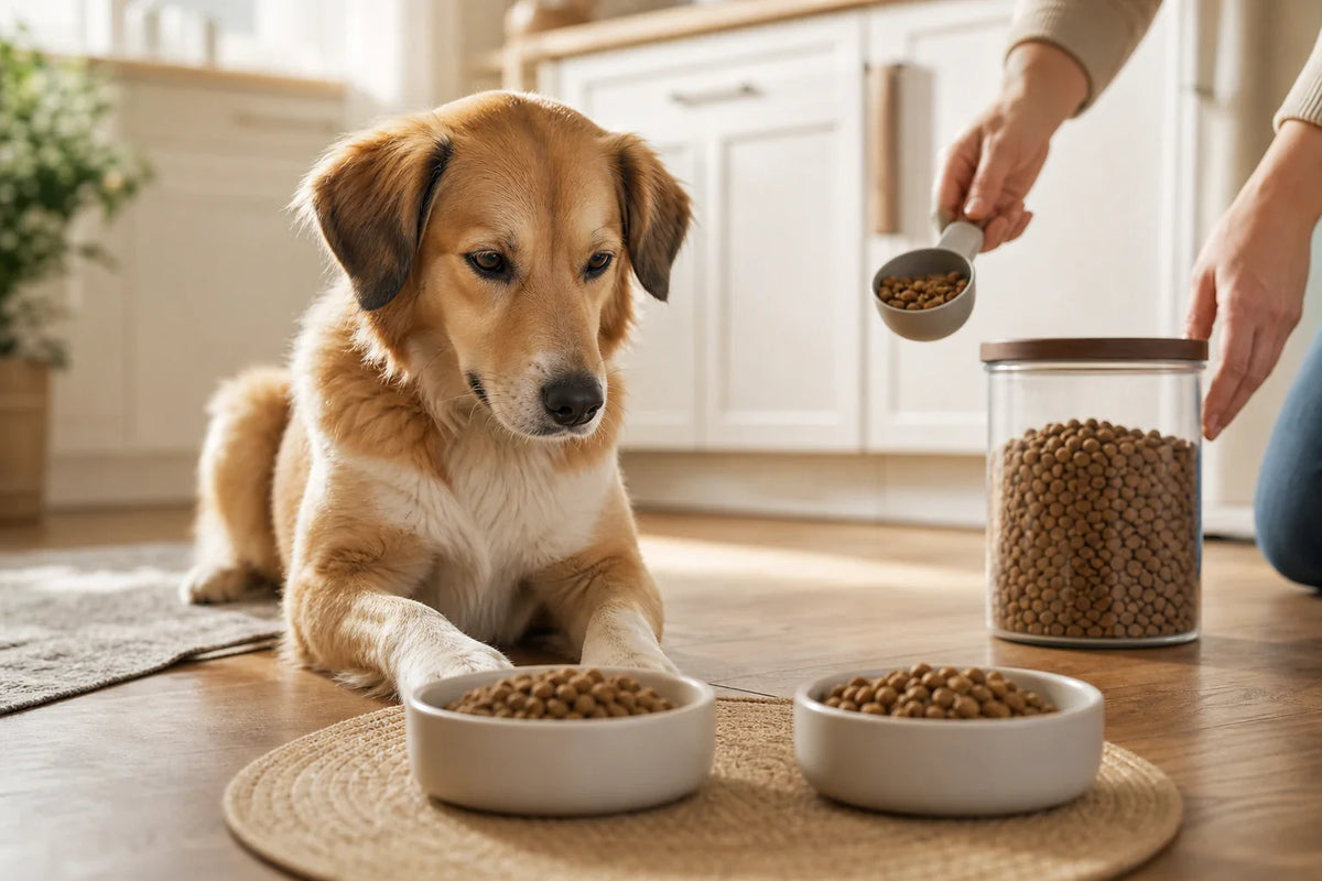Calm dog beside two measured food bowls in a bright home kitchen