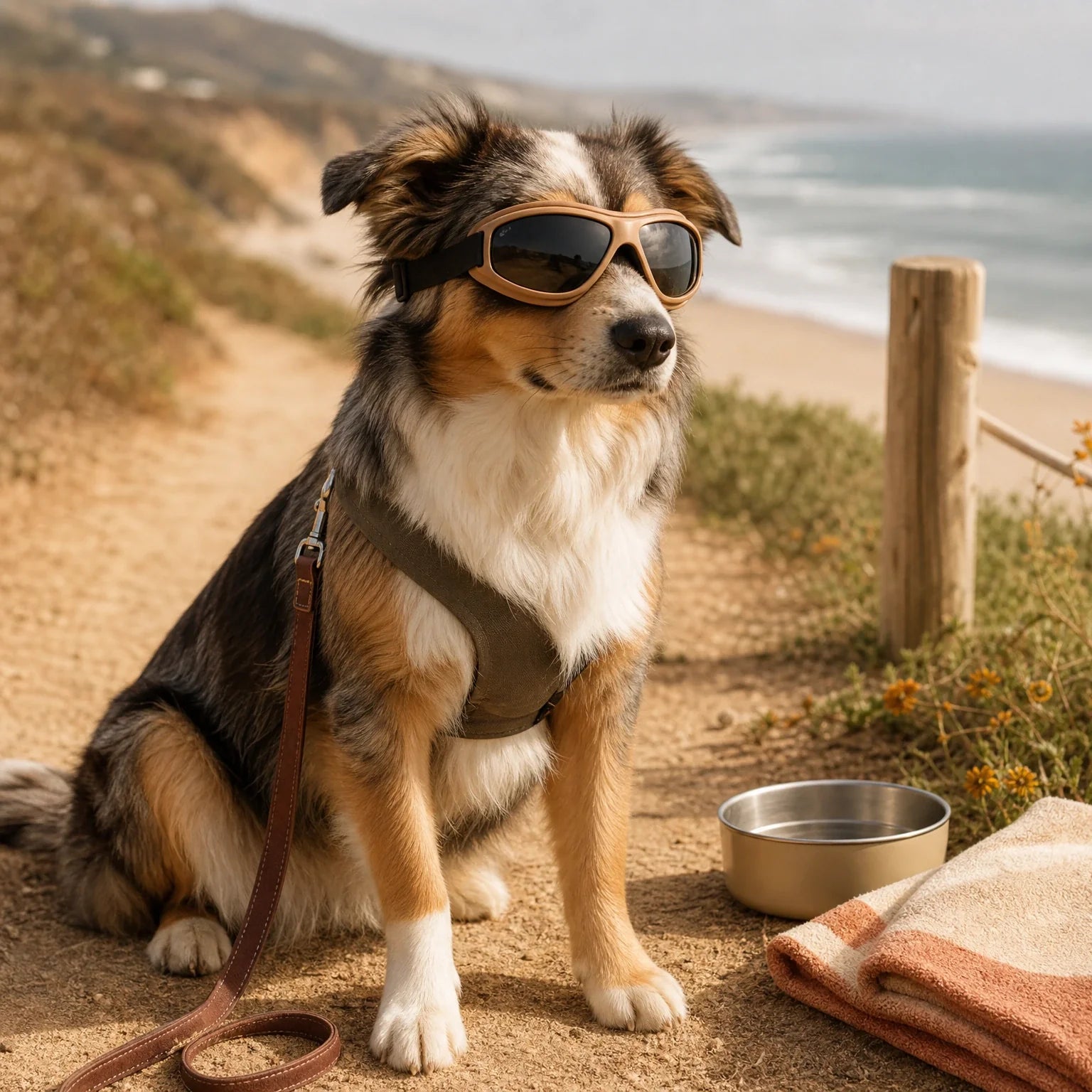 Dog wearing well-fitted goggles beside beach and trail gear with leash, towel, and water bowl
