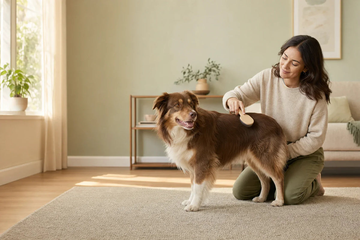 Pet parent gently brushing a relaxed medium-coat dog in a bright home