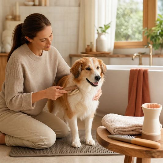 Calm dog grooming routine with brush, towel, paw cleaner, and non-slip mat
