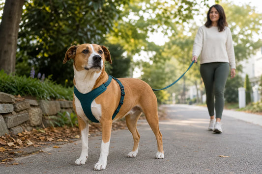 Adult dog standing calmly in a well-adjusted harness on a quiet neighborhood path.