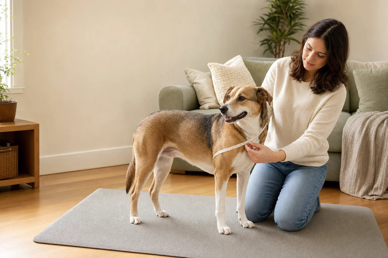 Pet parent gently measuring a relaxed standing dog with a soft tape in a bright home