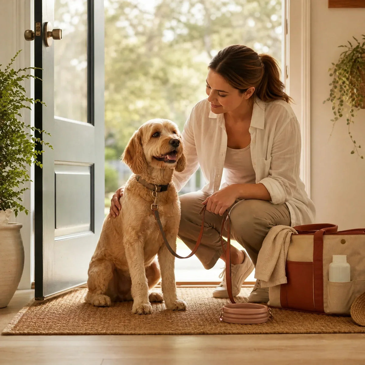 Dog and owner preparing a leash and travel water bowl by a doorway