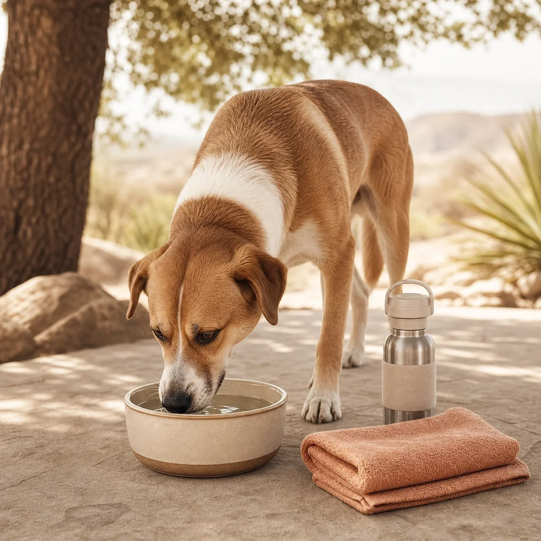 Dog drinking from a clean water bowl during a hot-weather rest break