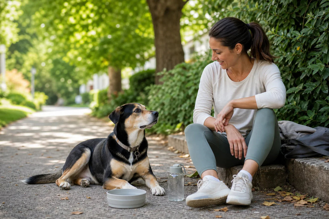 Relaxed dog and caregiver taking a quiet shaded walk break with fresh water nearby.