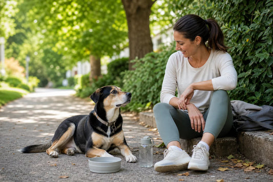 Relaxed dog and caregiver taking a quiet shaded walk break with fresh water nearby.