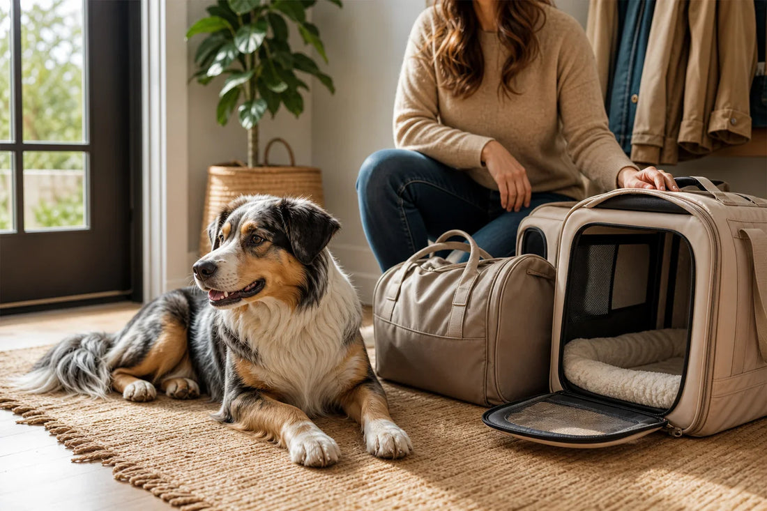 Relaxed dog beside a plain travel bag and familiar open carrier in a bright home entryway.