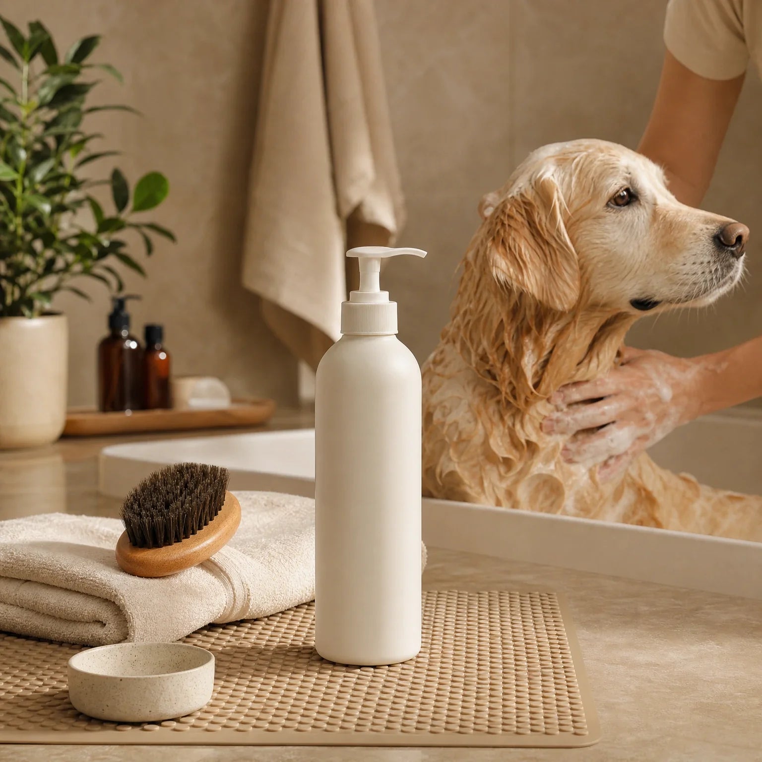 Dog bath setup with gentle shampoo bottle, towel, and brush for sensitive skin care