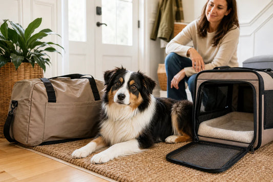 Relaxed dog beside a plain travel bag and familiar open carrier in a quiet home entryway.