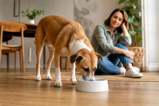 Healthy-looking dog drinking calmly from a clean water bowl in a bright home.