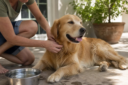 Golden Retriever ruht im Schatten, während eine Betreuungsperson das Fell am Hals neben einem Wassernapf kontrolliert