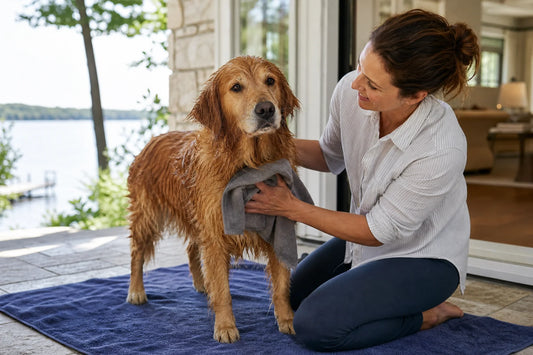 Nasser Golden-Retriever steht nach einem sicheren Bad im Freien ruhig auf einem großen Handtuch, während eine Betreuungsperson behutsam sein Brustfell trocken tupft