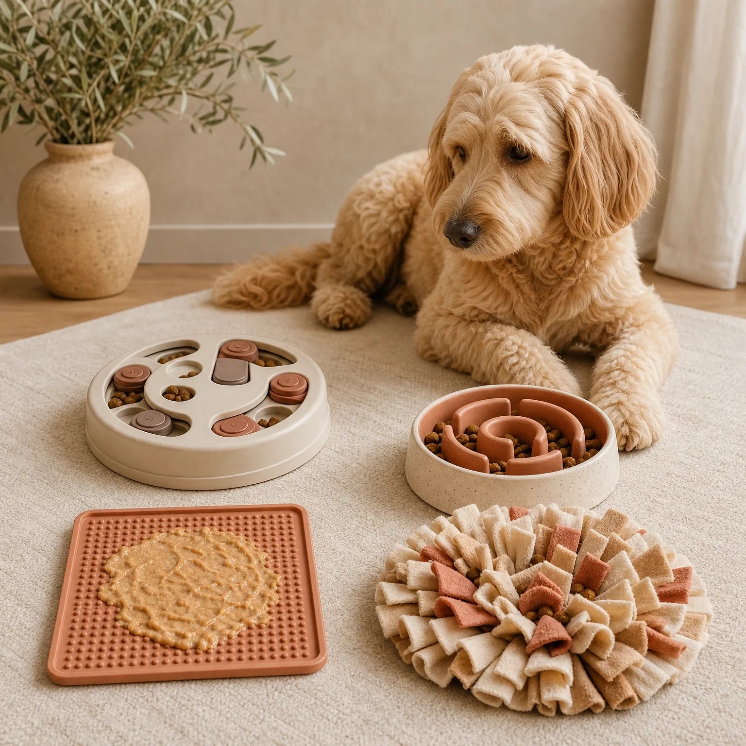 Puzzle feeder, slow feeder, lick mat, and snuffle mat arranged for pet feeding enrichment comparison