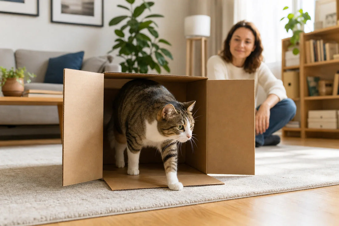 Indoor cat calmly exploring a clean open cardboard box in a bright, tidy room.