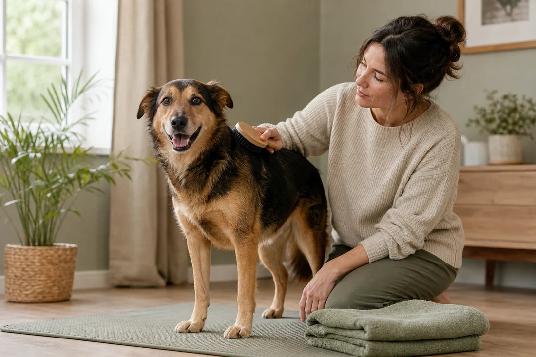 Caregiver gently brushing a relaxed medium-coated dog on a stable mat at home