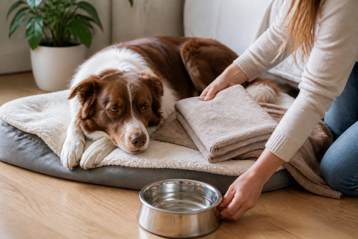 Hond die rustig ligt terwijl iemand schoon beddengoed klaarmaakt