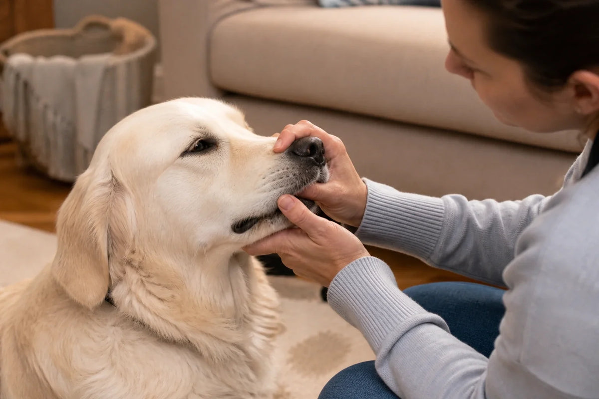 Iemand die thuis voorzichtig de snuit van een hond controleert