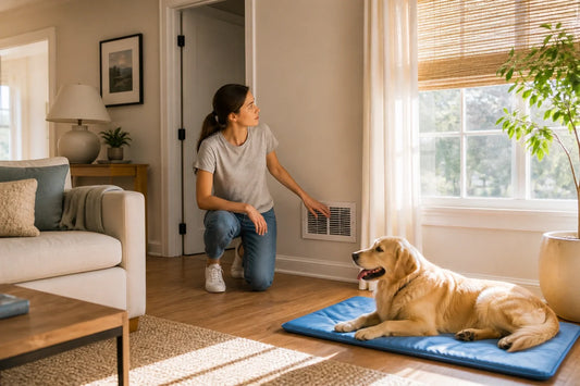 Owner checking a dog's indoor cooling area during summer