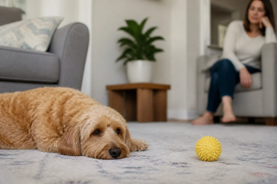 Hund liegt neben einem unbeachteten gelben Ball, während sein Besitzer in der Nähe sitzt