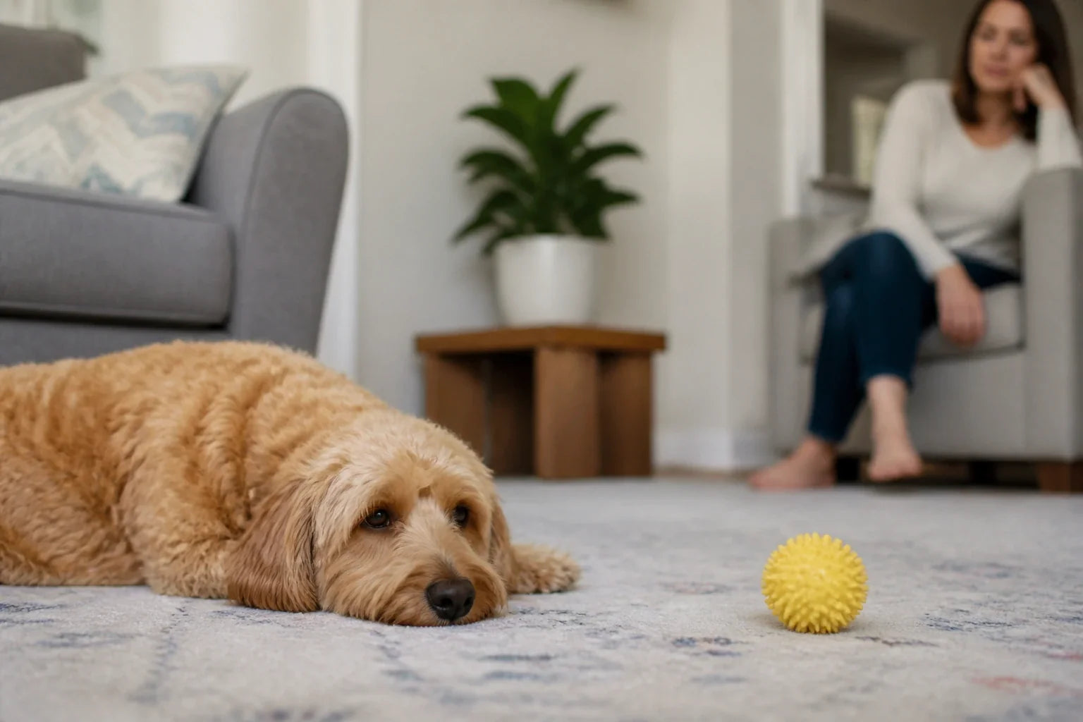 Perro tumbado junto a una pelota amarilla que no le interesa mientras su dueño está sentado cerca