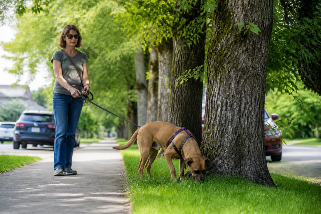 Dog sniffing a tree during a neighborhood walk