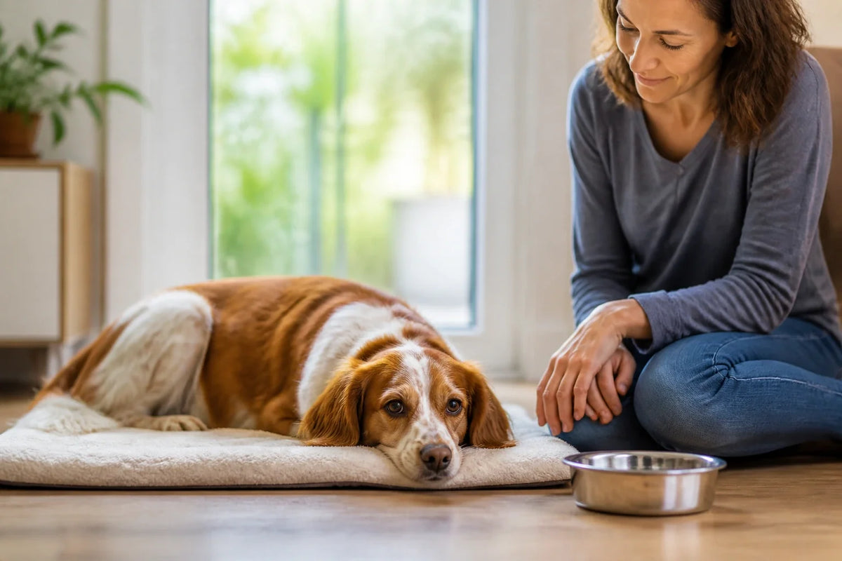 Brunvit hund vilar bredvid sin ägare och en vattenskål inomhus