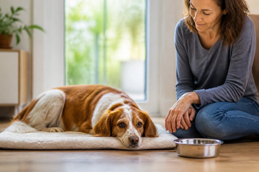 Brown-and-white dog resting beside an owner and water bowl indoors