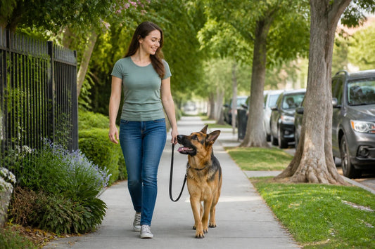 Vrouw die rustig met een Duitse herder over een trottoir in de buurt wandelt