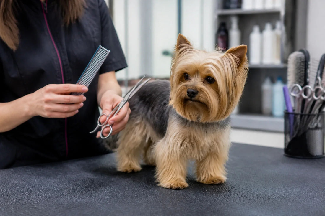 Yorkshire Terrier standing beside a groomer holding a comb and scissors