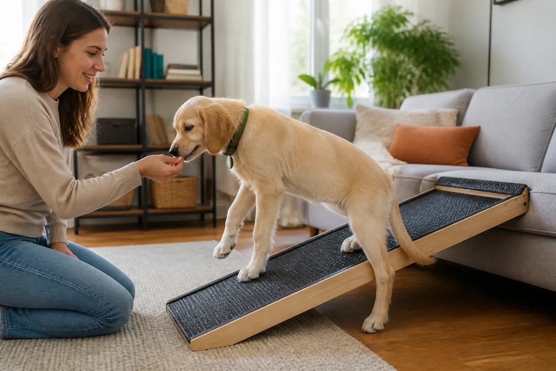 Young golden dog exploring a nonslip ramp beside a sofa