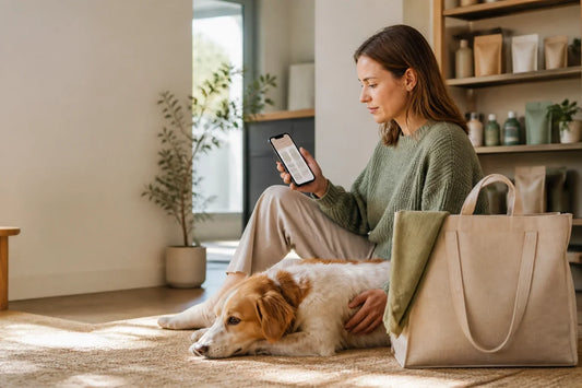 A pet owner comparing product information on a phone beside a shopping bag and a resting dog.
