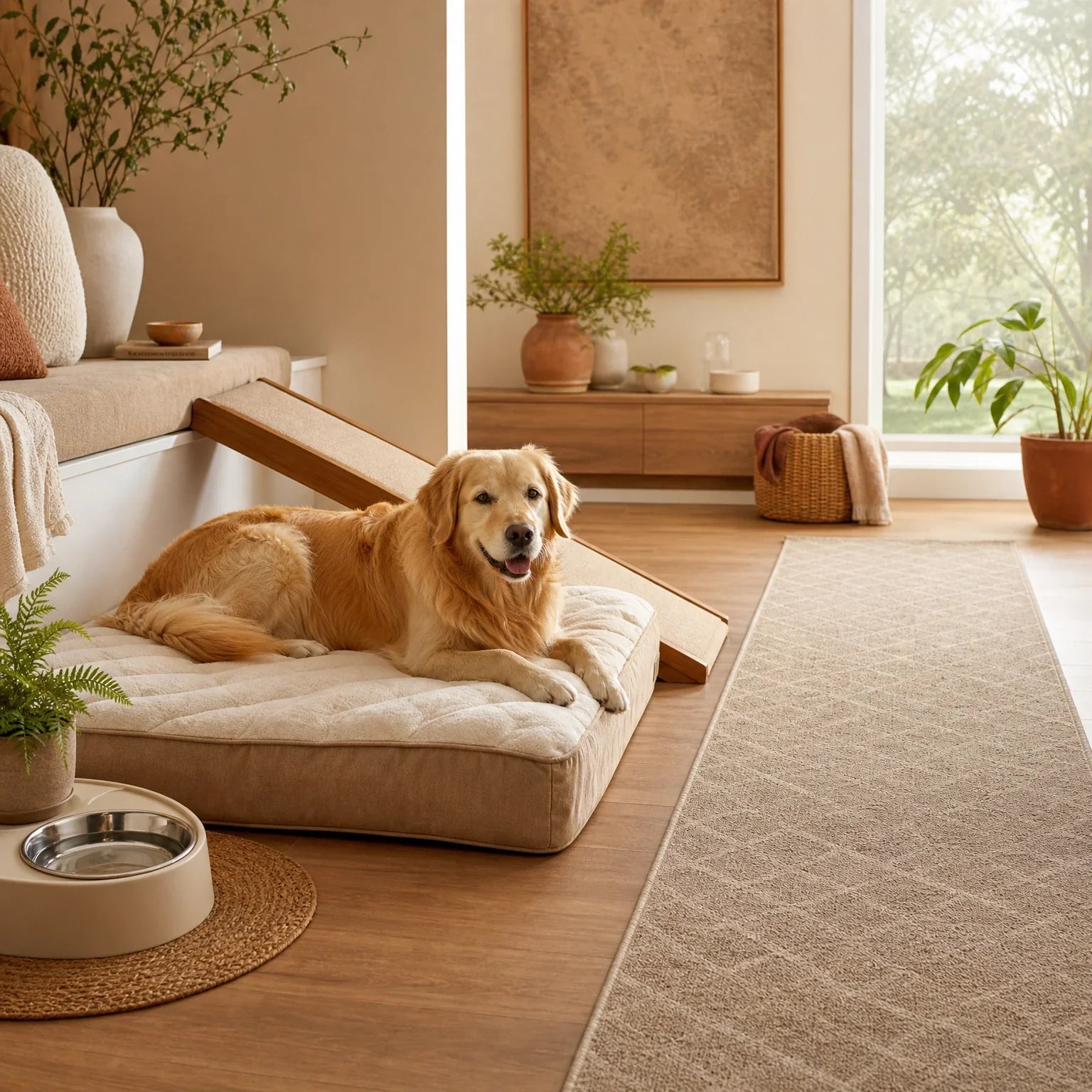 Large dog comfort setup with oversized washable bed, gentle ramp, traction runner, water station, and warm home lighting