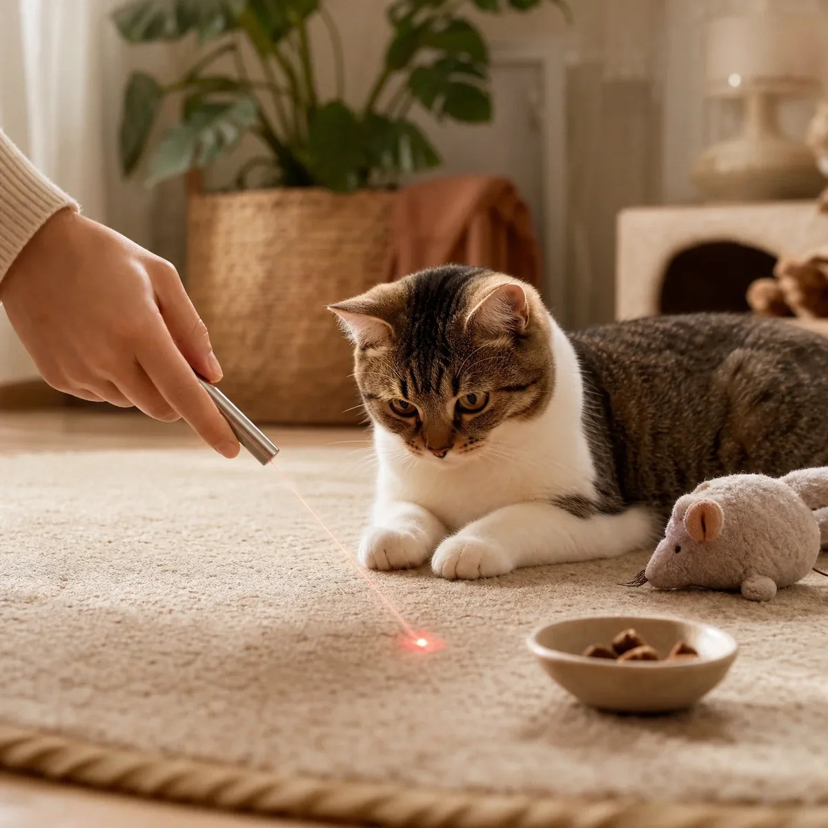 Cat playing safely with a laser toy and physical toy reward nearby