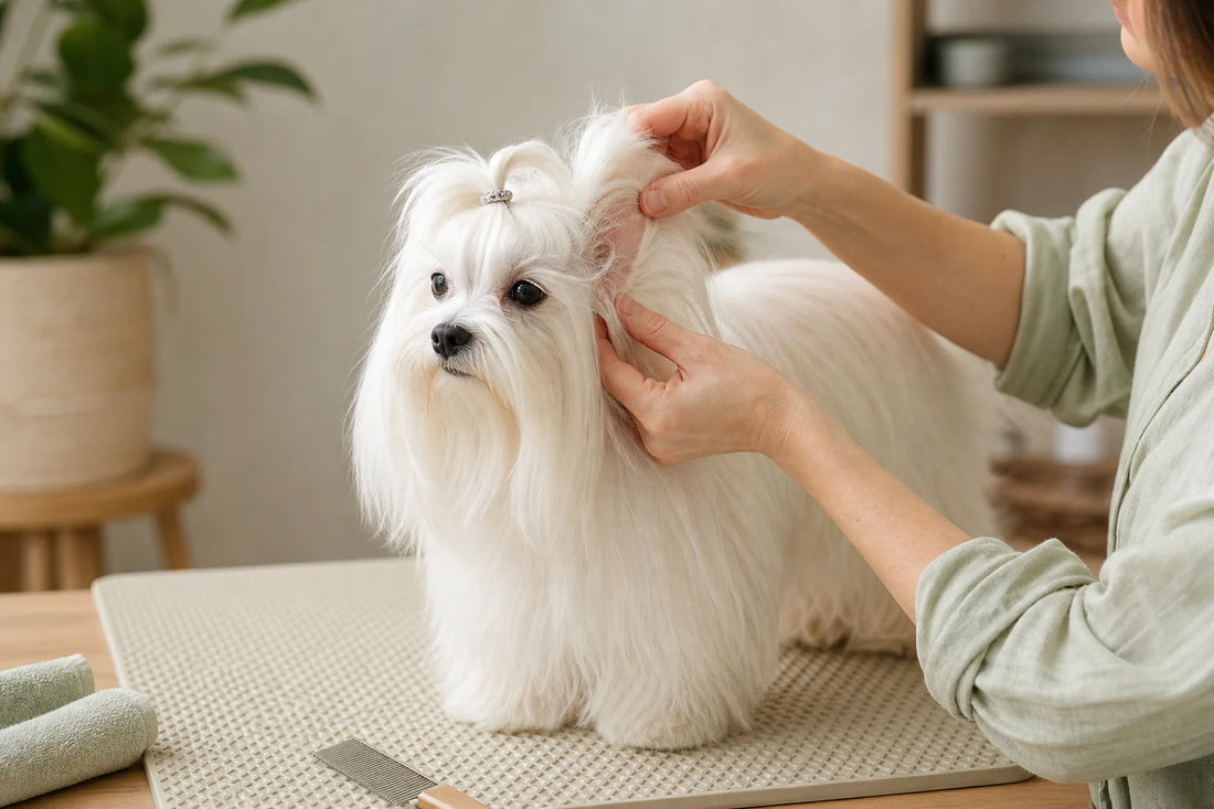 滑りにくいマットの上で、飼い主が長毛の白いマルチーズの耳の後ろを優しく確認している