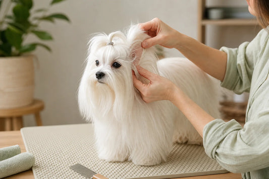 滑りにくいマットの上で、飼い主が長毛の白いマルチーズの耳の後ろを優しく確認している